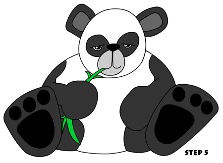 Drawing cartoon animals step by step. Pandas have black ears, eyes, 